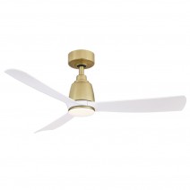 44" Fanimation Kute Damp Outdoor Ceiling Fan -brushed satin brass finish with with matte white blades shown with LED light kit
