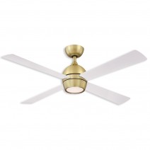52" Fanimation Kwad Dry Indoor LED Ceiling Fan - Brushed Satin Brass finish with matte white blades and LED light kit