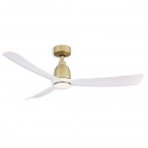 52" Fanimation Kute Damp Outdoor Ceiling Fan - Brushed Satin Brass finish with Matte White blades shown with LED light kit