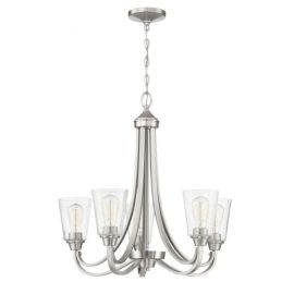 26"W Craftmade Grace 5 Light Chandelier - 41925-BNK-CS - Brushed Polished Nickel - Clear Seeded