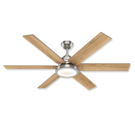 60" Hunter Warrant Brushed Nickel Finish with Drifted Oak / Bleached Grey Pine Reversible Blades and Light Kit