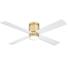 52" Fanimation Kwartet Damp Outdoor Flush Mount Ceiling Fan - brushed satin brass finish with matte white blades and light kit