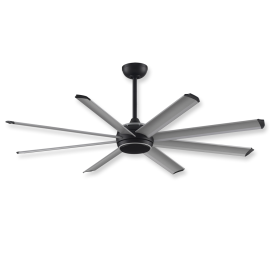 64" Fanimation Stellar Custom Black Finish with Silver Top Plastic Ring and bottom Glass Ring and Black Steel Cap with Silver Blades