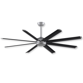 72" Fanimation Stellar Custom Silver Finish with Black Top Plastic Ring and bottom Glass Ring and Silver Steel Cap with Black Blades